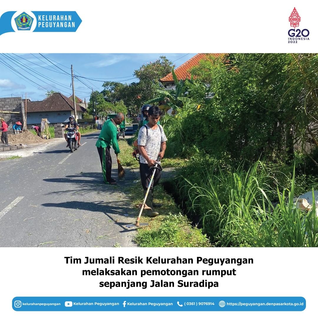 PELAKSANAAN PEMOTONGAN RUMPUT SEPANJANG JALAN SURADIPA, KELURAHAN PEGUYANGAN OLEH JURU PEMANTAU LINGKUNGAN (JUMALI) RESIK KELURAHAN PEGUYANGAN.