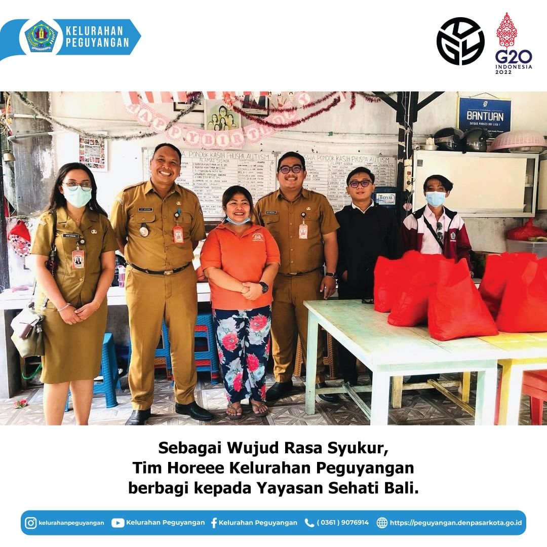 SEBAGAI WUJUD RASA SYUKUR, TIM HOREEE KELURAHAN PEGUYANGAN BERBAGI KEPADA YAYASAN SEHATI BALI.