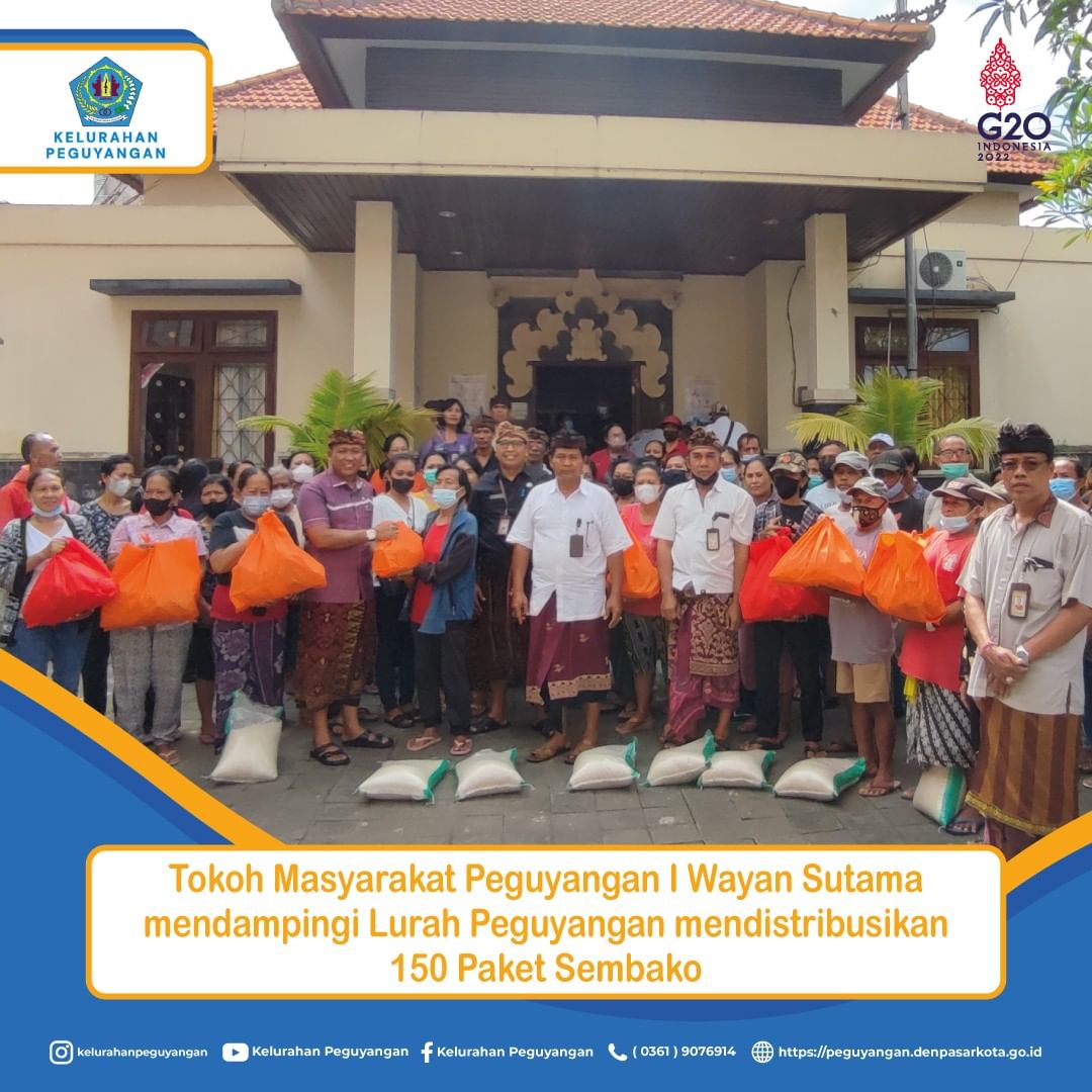 TOKOH MASYARAKAT PEGUYANGAN I WAYAN SUTAMA, S.SOS MENDAMPINGI LURAH PEGUYANGAN MEMBAGIKAN 150 PAKET SEMBAKO KEPADA WARGA YANG TERDAMPAK INFLASI BBM