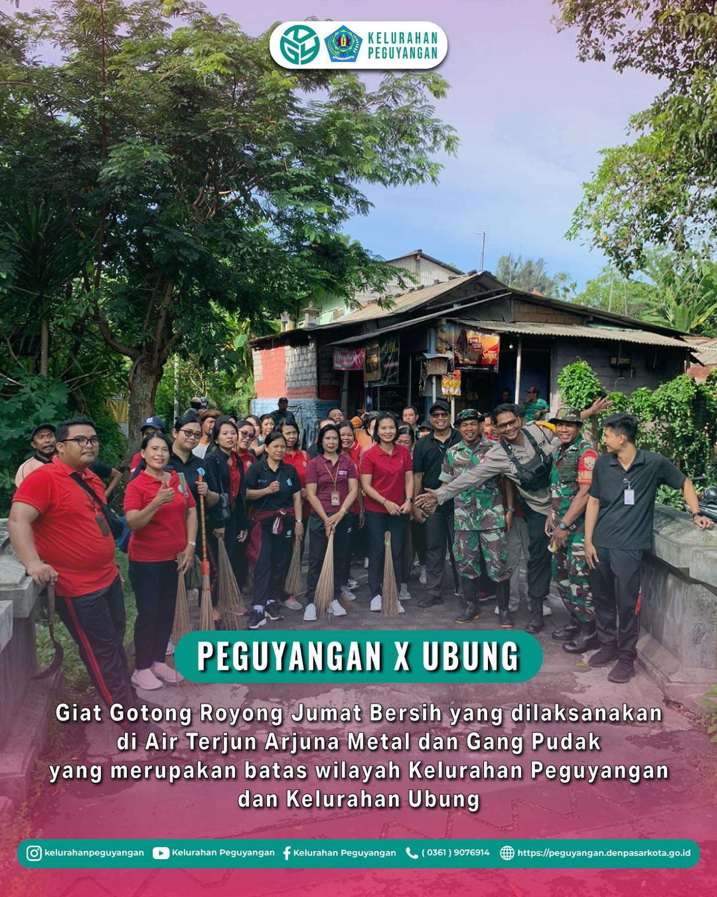 PEGUYANGAN X UBUNG GIAT GOTONG ROYONG JUMAT BERSIH YANG DILAKSANAKAN DI AIR TERJUN METAL DAN GANG PUDAK YANG MERUPAKAN BATAS WILAYAH KELURAHAN PEGUYANGAN DAN KELURAHAN UBUNG